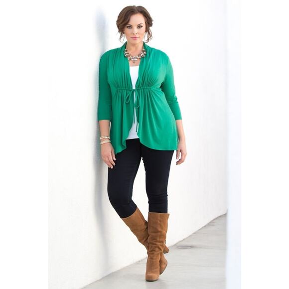 Kiyonna Top Sunset Stroll Bellini Cardigan 1X Kelly Green Tie Front Christmas - Picture 10 of 10